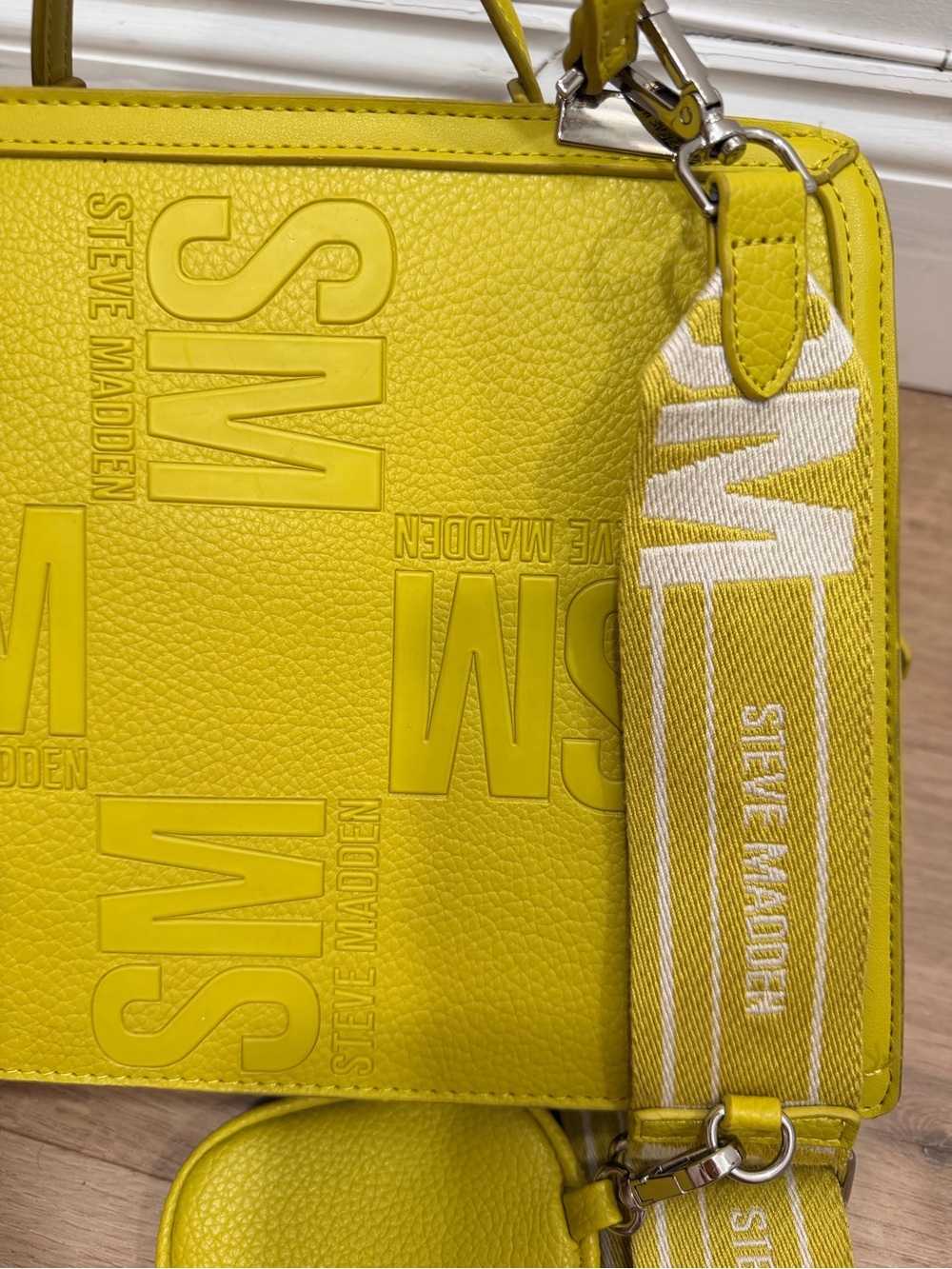 Steve Madden yellow/green Structured Top-Handle Satchel with Branded Strap - Picture 8 of 8